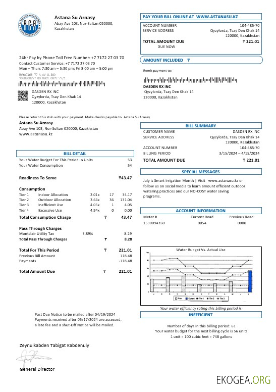 Modèle de facture de services publics pour les entreprises du Kazakhstan Astana Su Arnasy au format Word et PDF (.doc et .pdf)